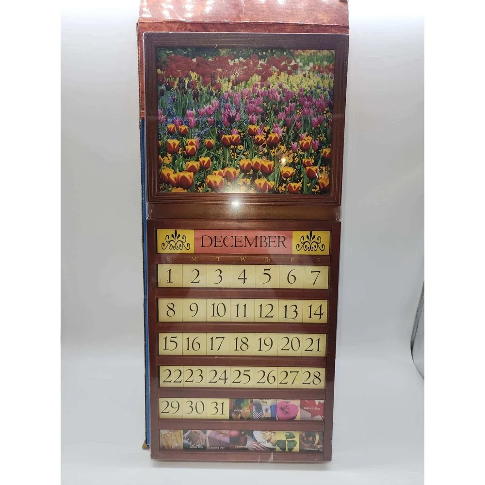 Four Seasons Perpetual Calendar Wooden Wall Decor Interchangeable Tiles Floral